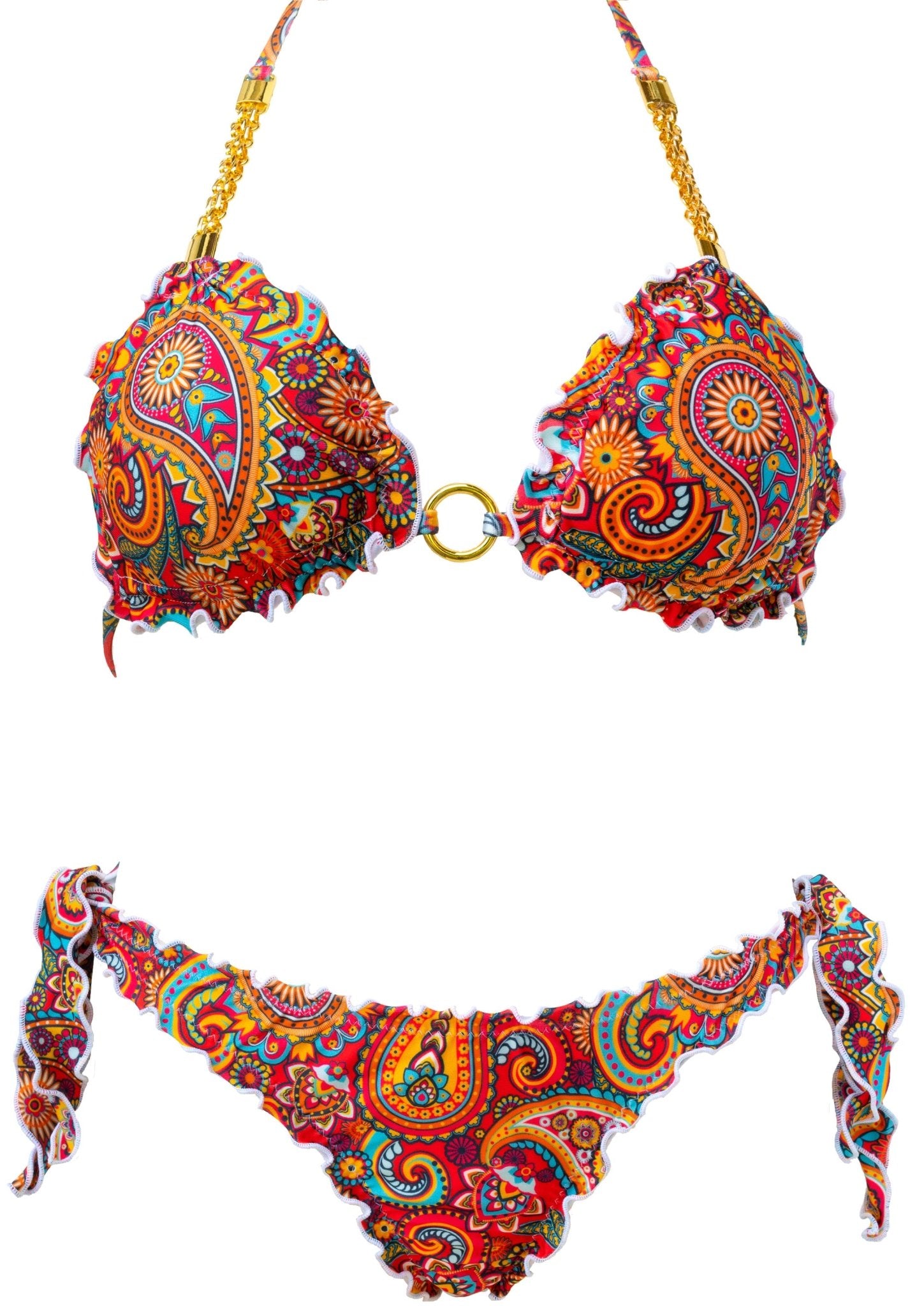 Bikini Asia Oro triangolo paisley multicolore con catenelle e anello placcati oro