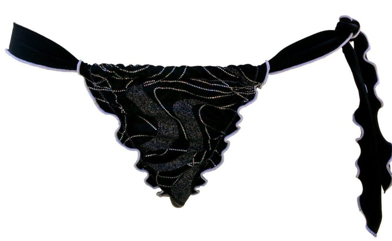 Slip bikini Eclisse nero con ricami argento, bordi frou frou e laccetti laterali annodabili