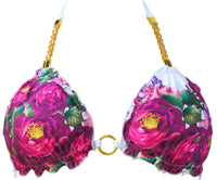 Top triangolo Eva Oro con fantasia a rose su sfondo bianco, bordi frou frou, catenelle e anello dorati