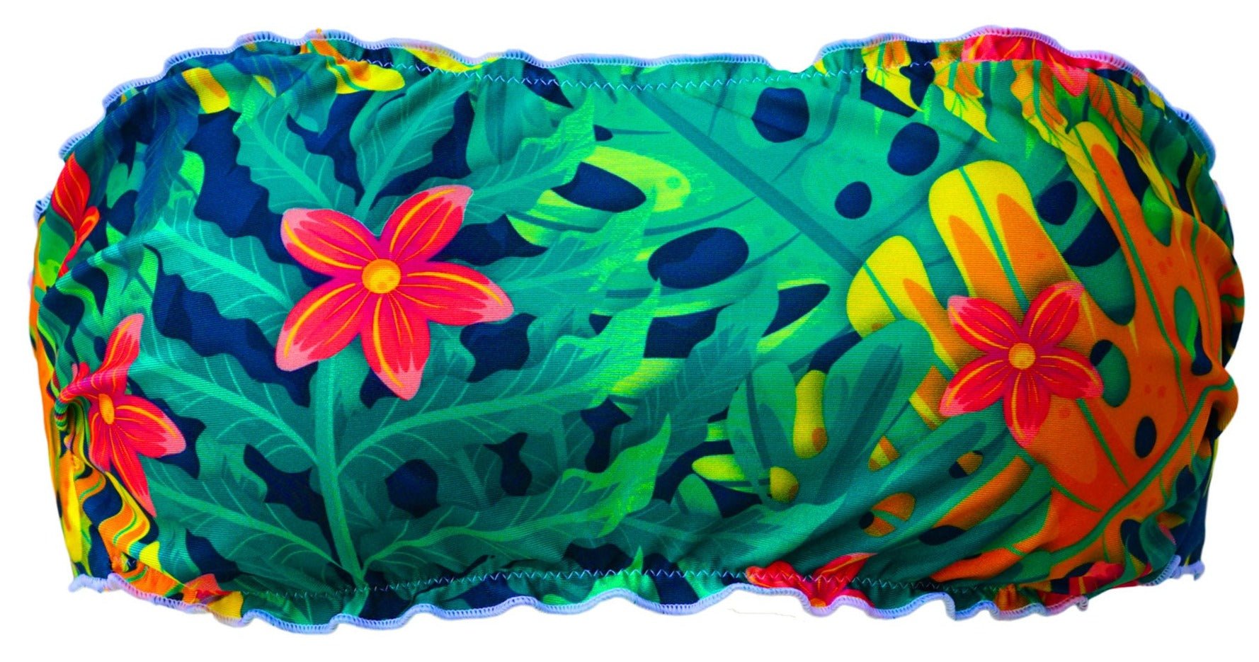 Top Fascia Jungle bandeau con stampa tropicale foglie monstera e fiori rossi