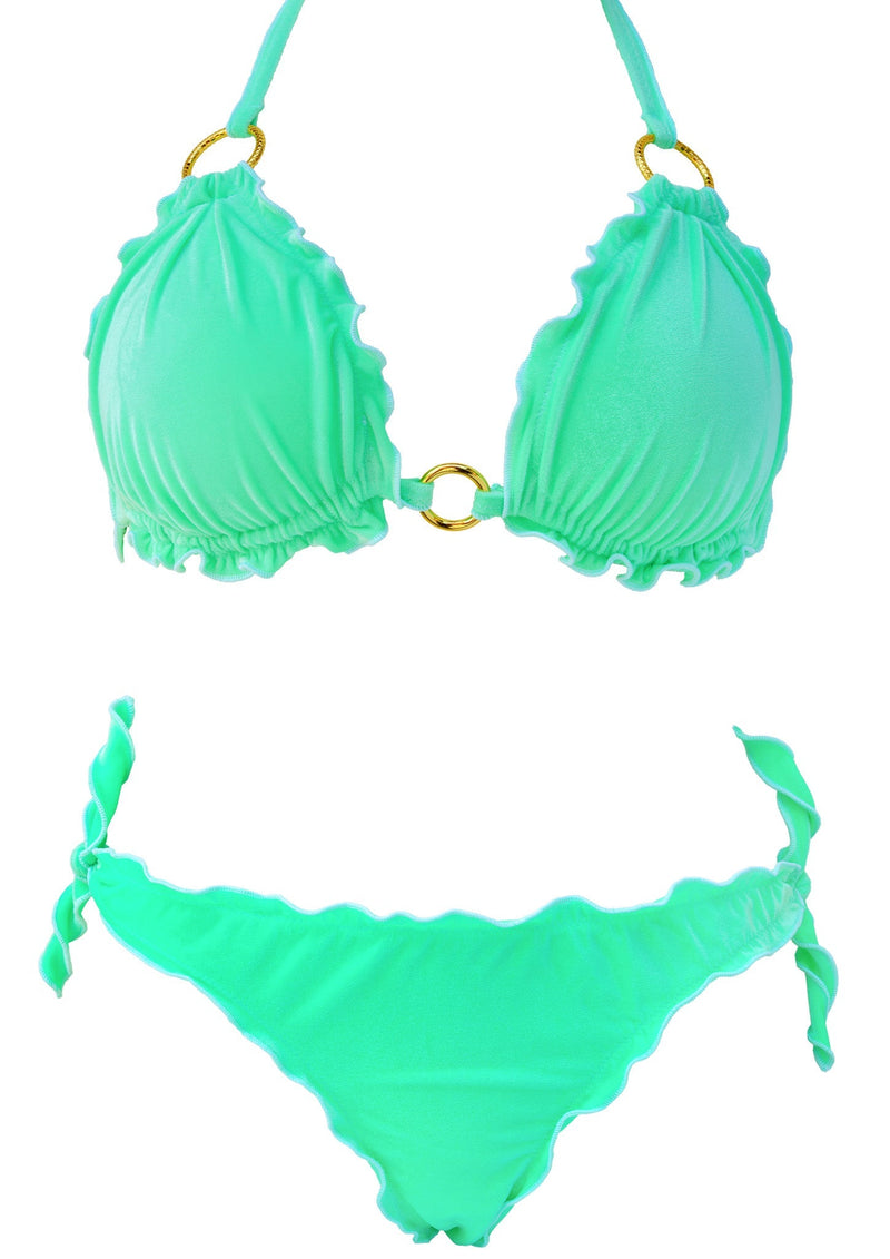 Bikini Jade Gold triangolo in tessuto vellutato verde giada con anello dorato centrale