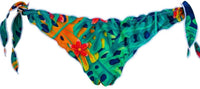 Slip bikini Jungle con stampa tropicale foglie monstera e fiori rossi su sfondo verde-blu