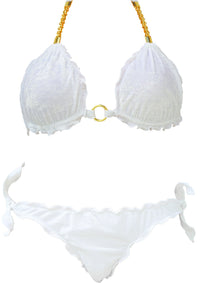 Bikini Perla Oro triangolo in tessuto vellutato bianco perla con catenelle dorate