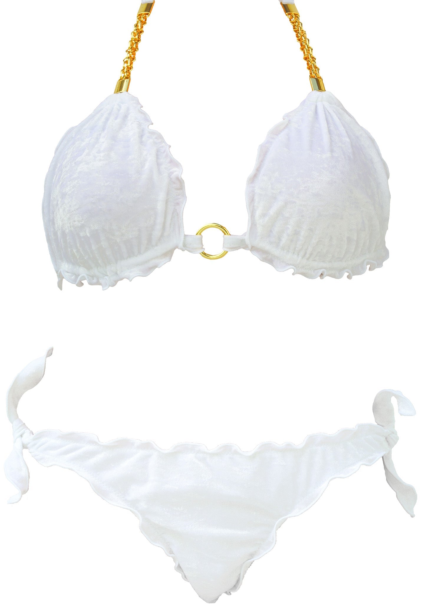 Bikini Perla Oro triangolo in tessuto vellutato bianco perla con catenelle dorate