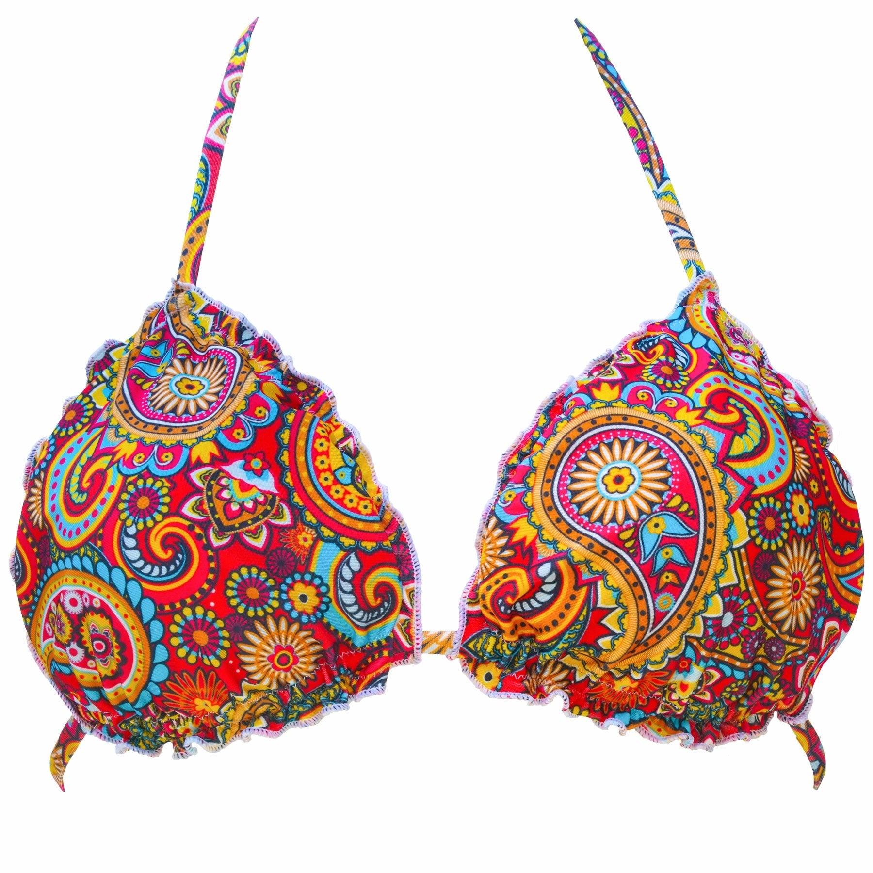 Top triangolo Asia con fantasia paisley multicolore su rosso corallo e bordi frou frou