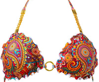 Top triangolo Asia Oro con fantasia paisley multicolore e catenelle dorate sulle bretelline