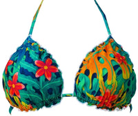 Top triangolo Jungle con stampa tropicale foglie monstera e fiori rossi