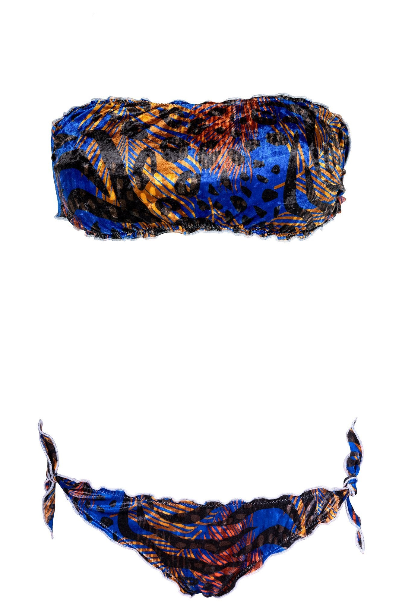Top Fascia Amber bandeau in velluto animalier blu e arancio con bordi frou frou