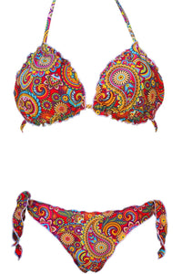 Bikini Asia triangolo con fantasia paisley multicolore e bordi frou frou bianchi