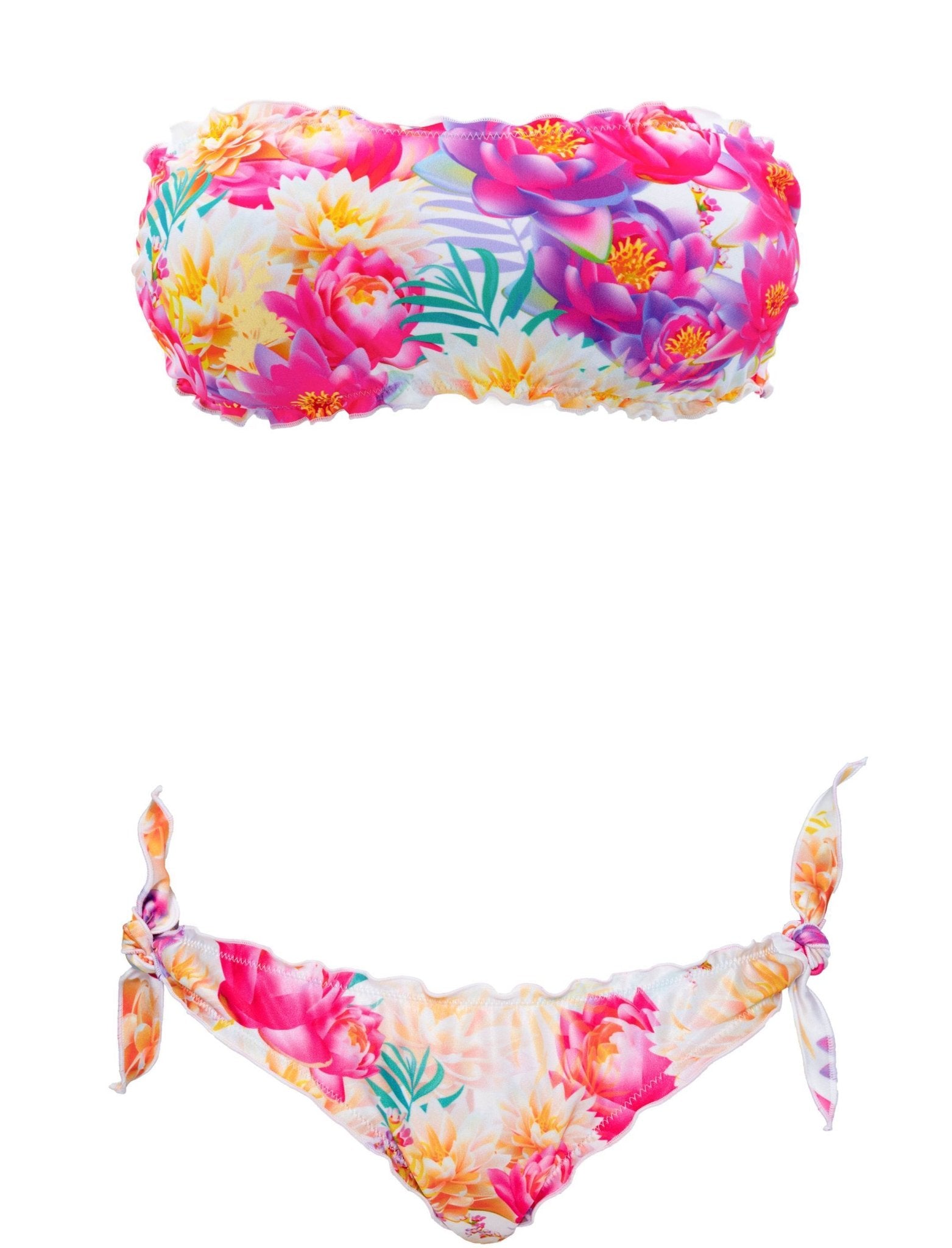 Bikini Lolita fascia con stampa floreale mista su bianco shiny e bordi frou frou