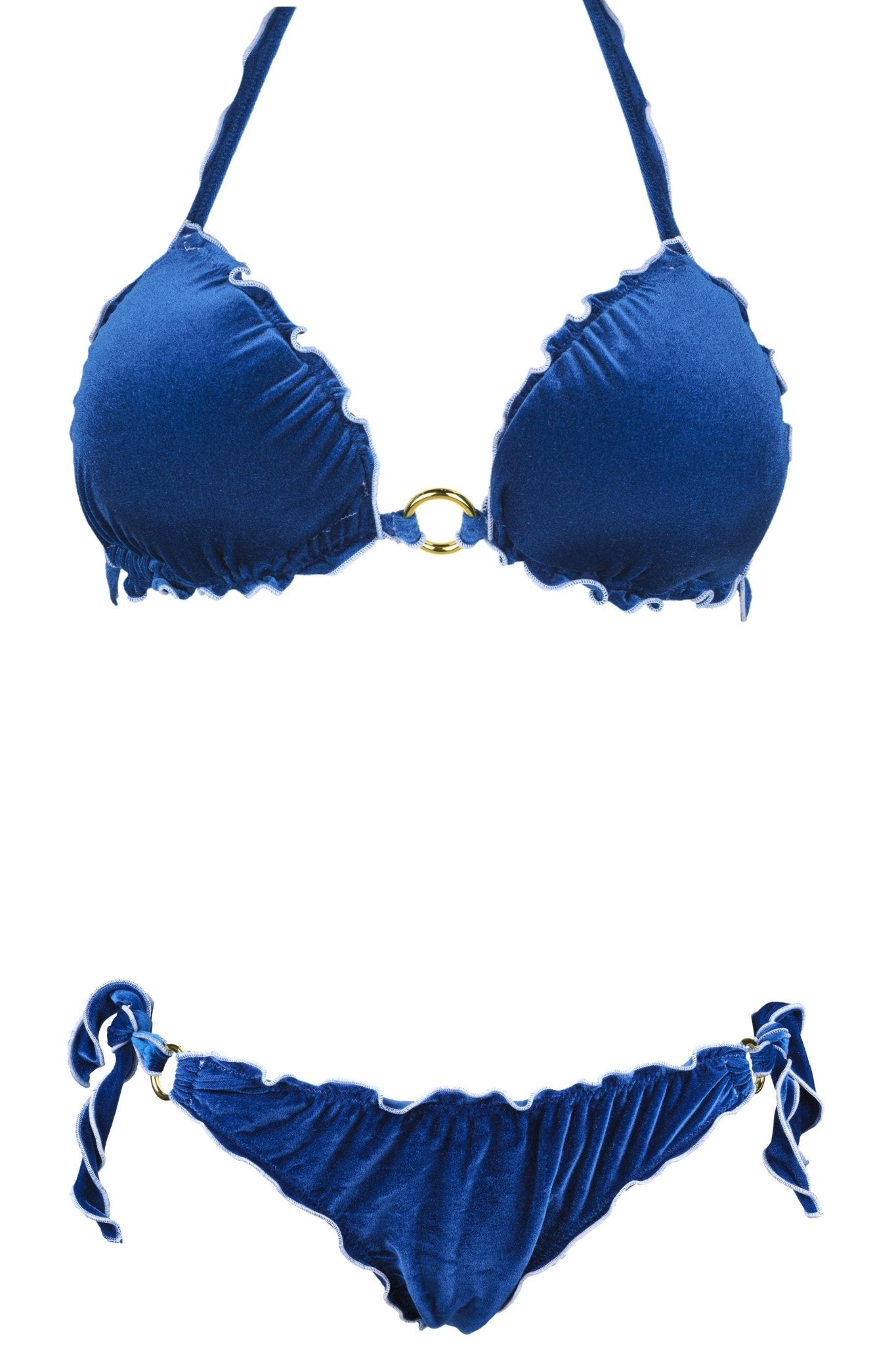 Bikini Nettuno triangolo in tessuto vellutato blu persia con anello dorato centrale