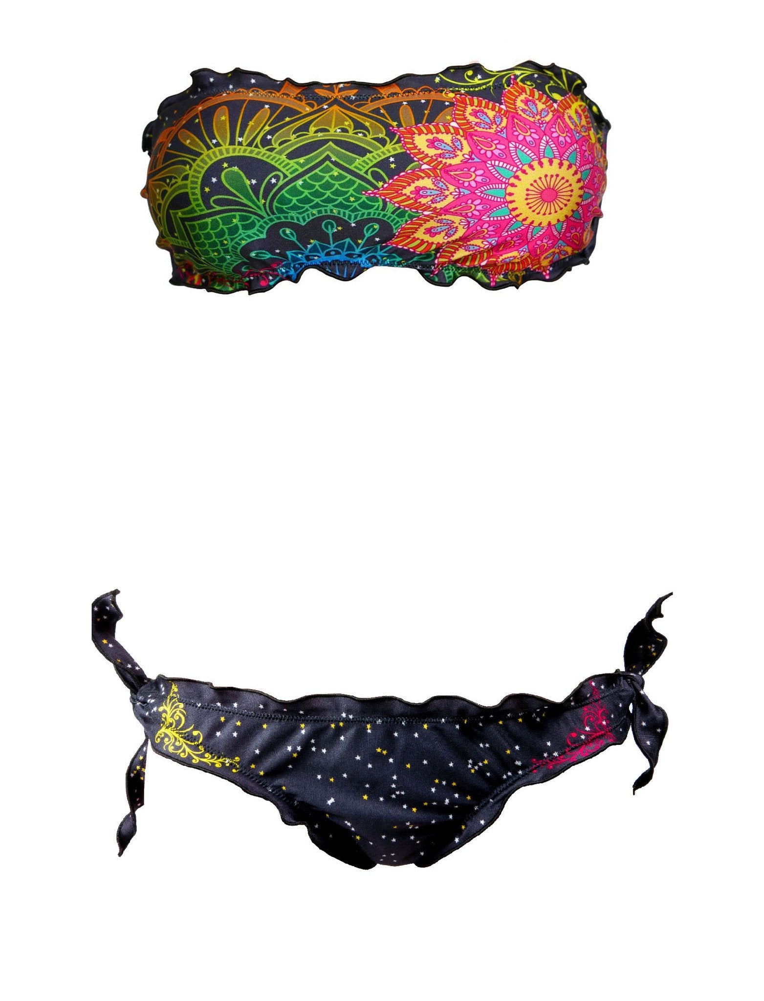 Bikini Dark Indy a fascia con motivi mandala e lotus multicolore su sfondo nero