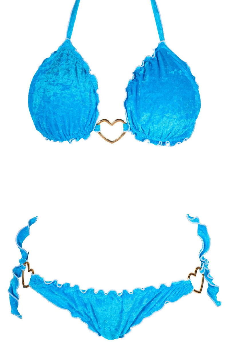 Bikini Elsa triangolo in velluto azzurro brillante con cuore dorato centrale e bordi frou frou