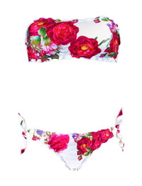 Bikini Eva a fascia con rose su bianco shiny — top bandeau bordi frou frou