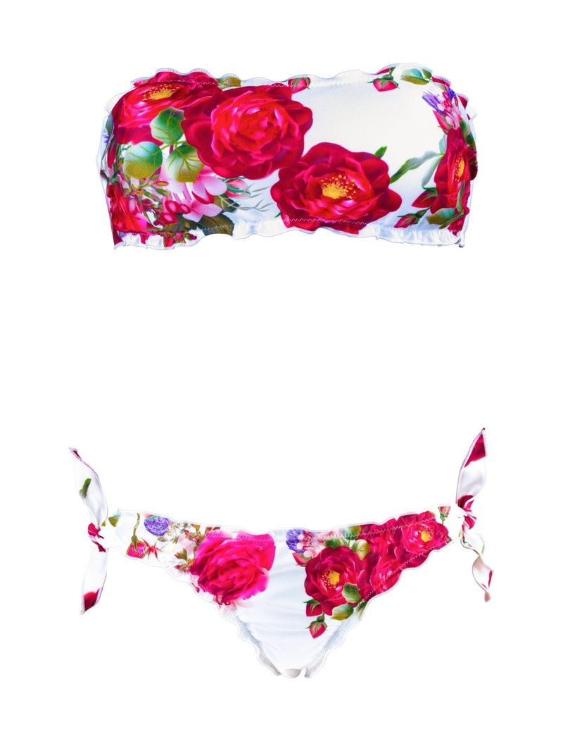 Bikini Eva a fascia con rose su bianco shiny — top bandeau bordi frou frou