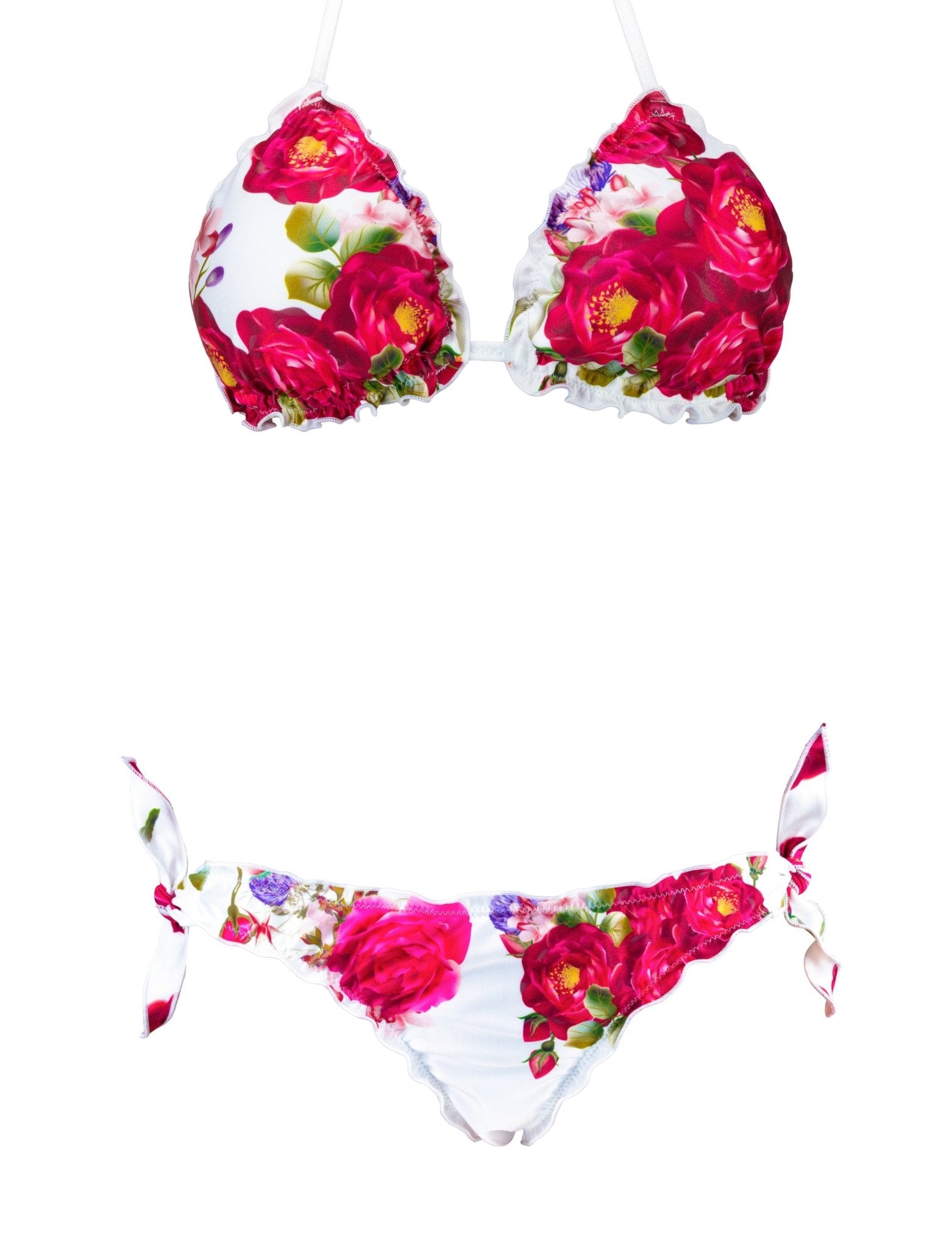 Bikini Eva triangolo con rose rosse su bianco shiny — top bordi frou frou