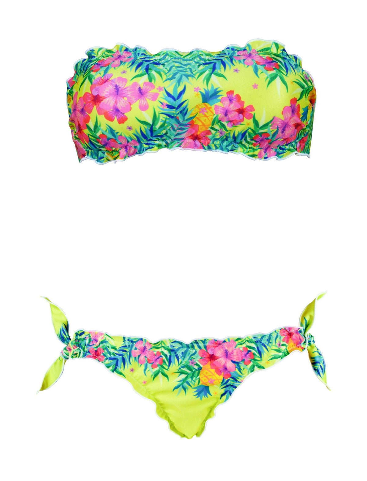 Bikini Exotic a fascia con fantasia tropicale hibiscus e palme su sfondo giallo lime