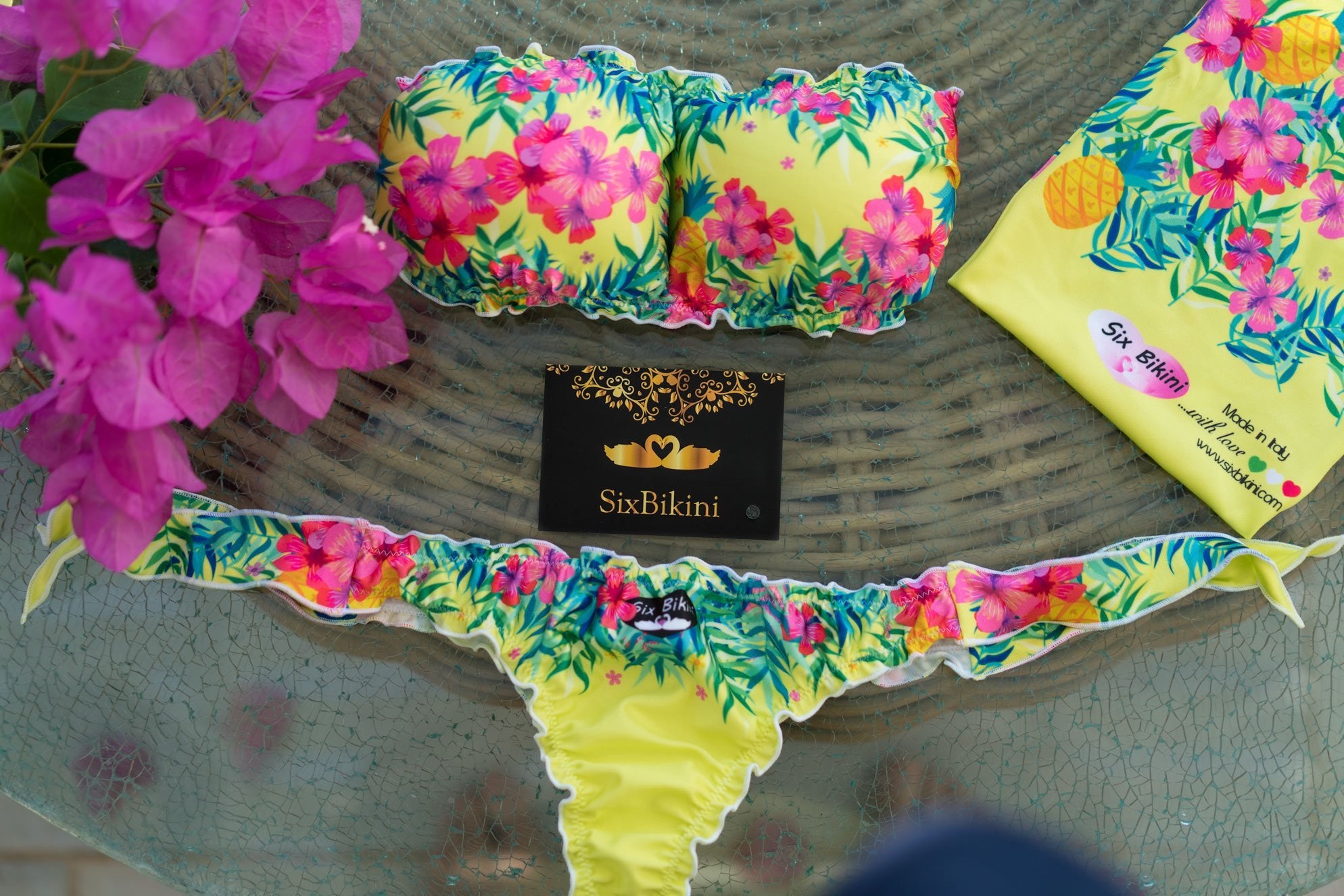 Bikini Exotic set completo — fascia tropicale e slip con laccetti annodabili
