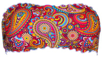 Top Fascia Asia bandeau con fantasia paisley multicolore su rosso corallo e bordi frou frou