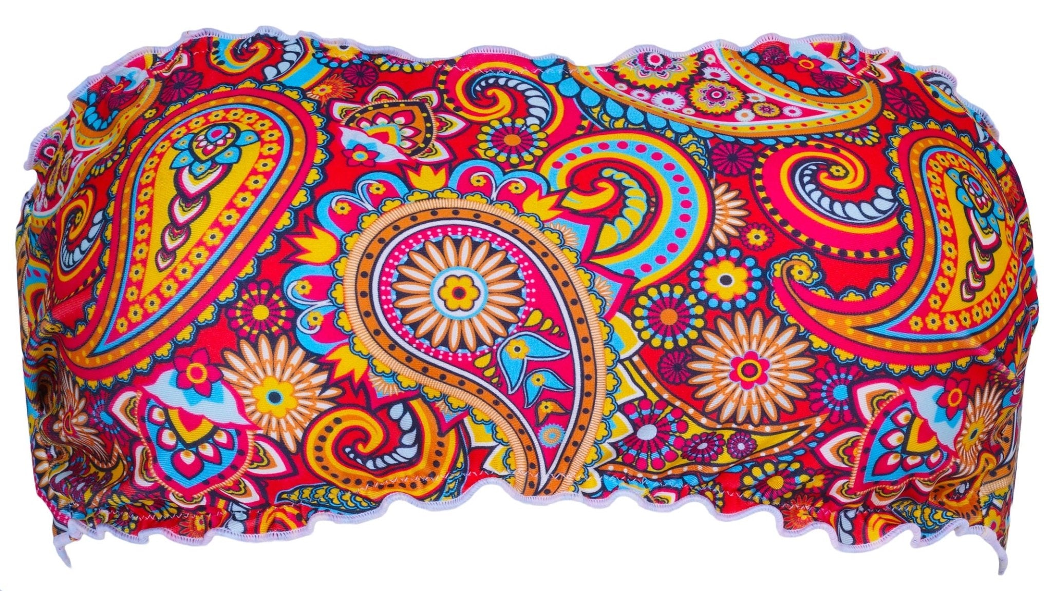 Top Fascia Asia bandeau con fantasia paisley multicolore su rosso corallo e bordi frou frou
