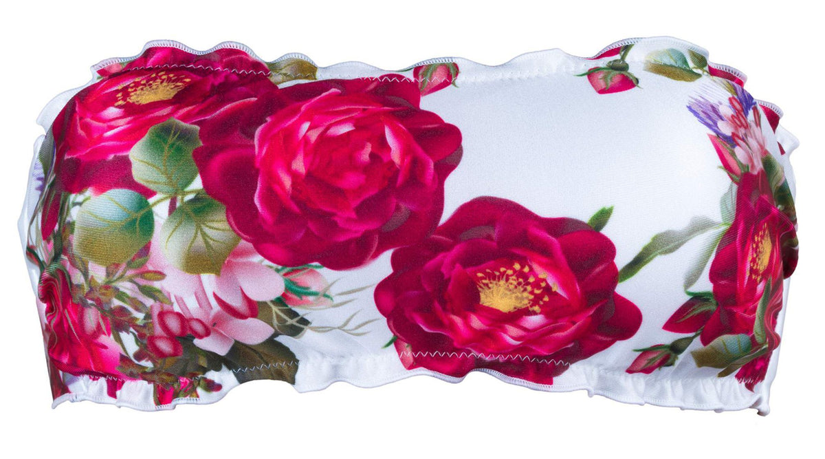 Top Fascia Eva bandeau con rose rosse su bianco shiny — bordi frou frou