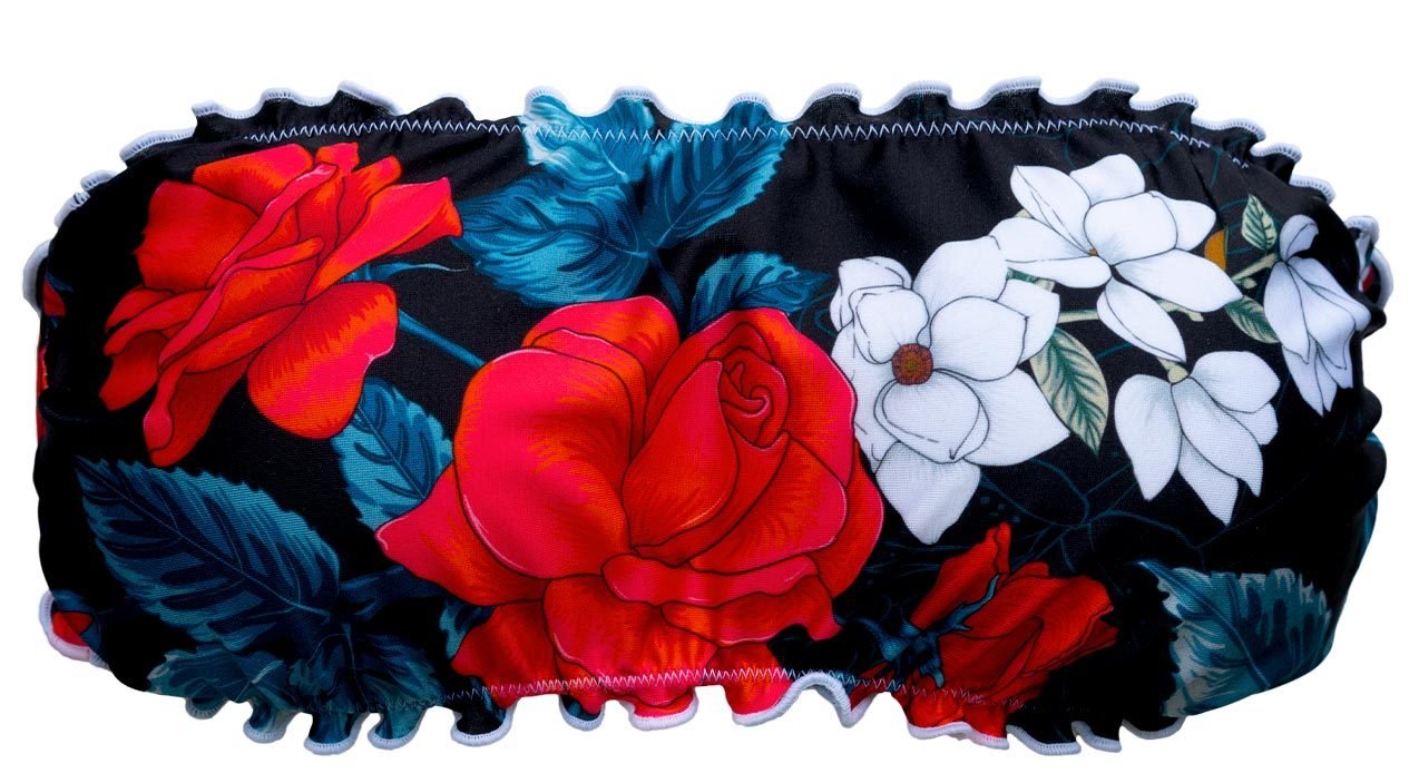Top Fascia Luna bandeau con rose rosse e ortensie bianche su sfondo nero shiny e bordi frou frou