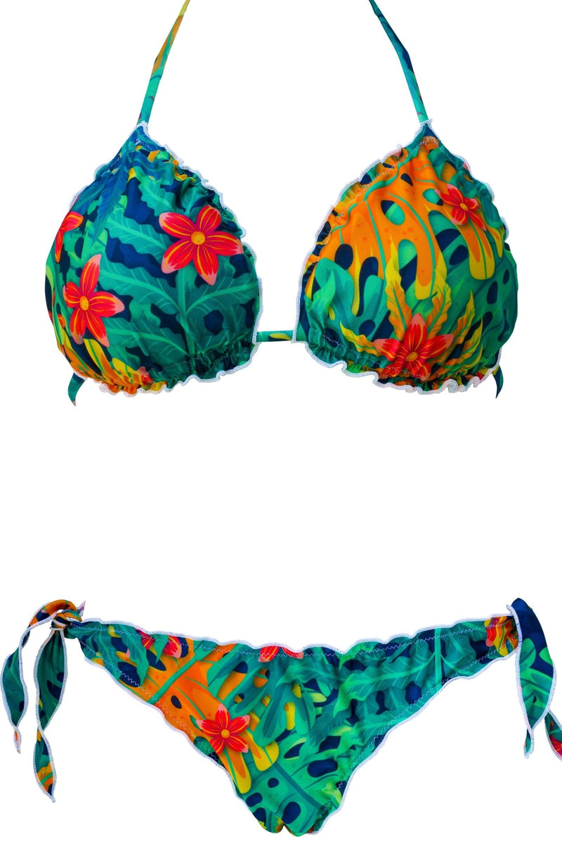 Bikini Jungle triangolo con stampa tropicale foglie di monstera e fiori rossi