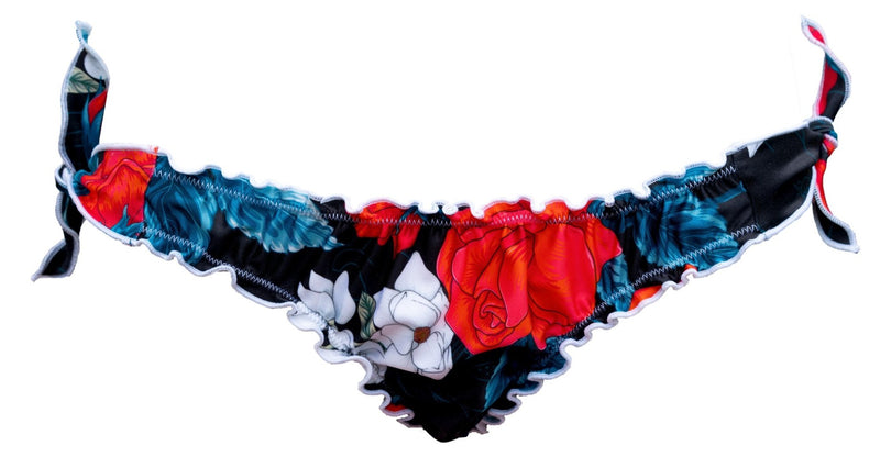 Slip bikini Luna con rose rosse e ortensie bianche su sfondo nero shiny