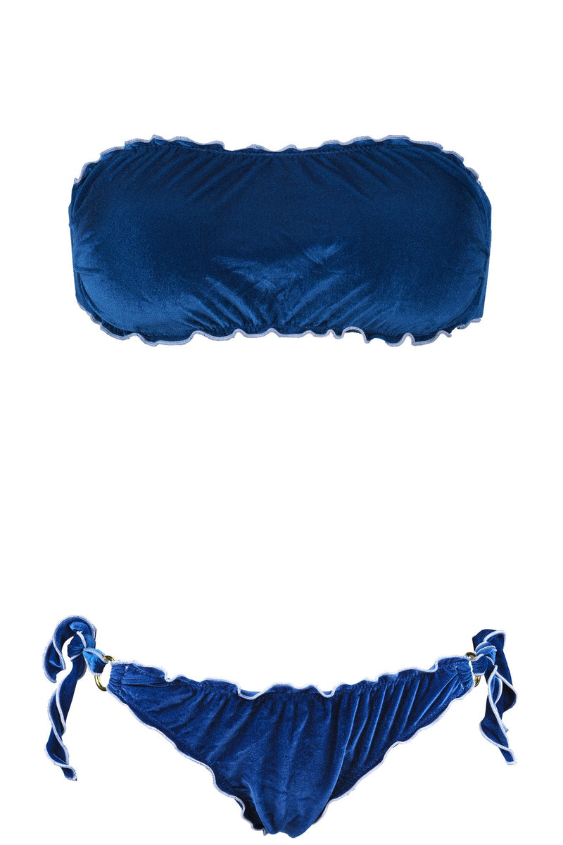 Nettuno Fascia bandeau in tessuto vellutato blu persia con bordi frou frou