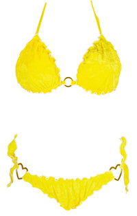 Bikini Penelope triangolo in velluto giallo sgargiante con anello dorato centrale