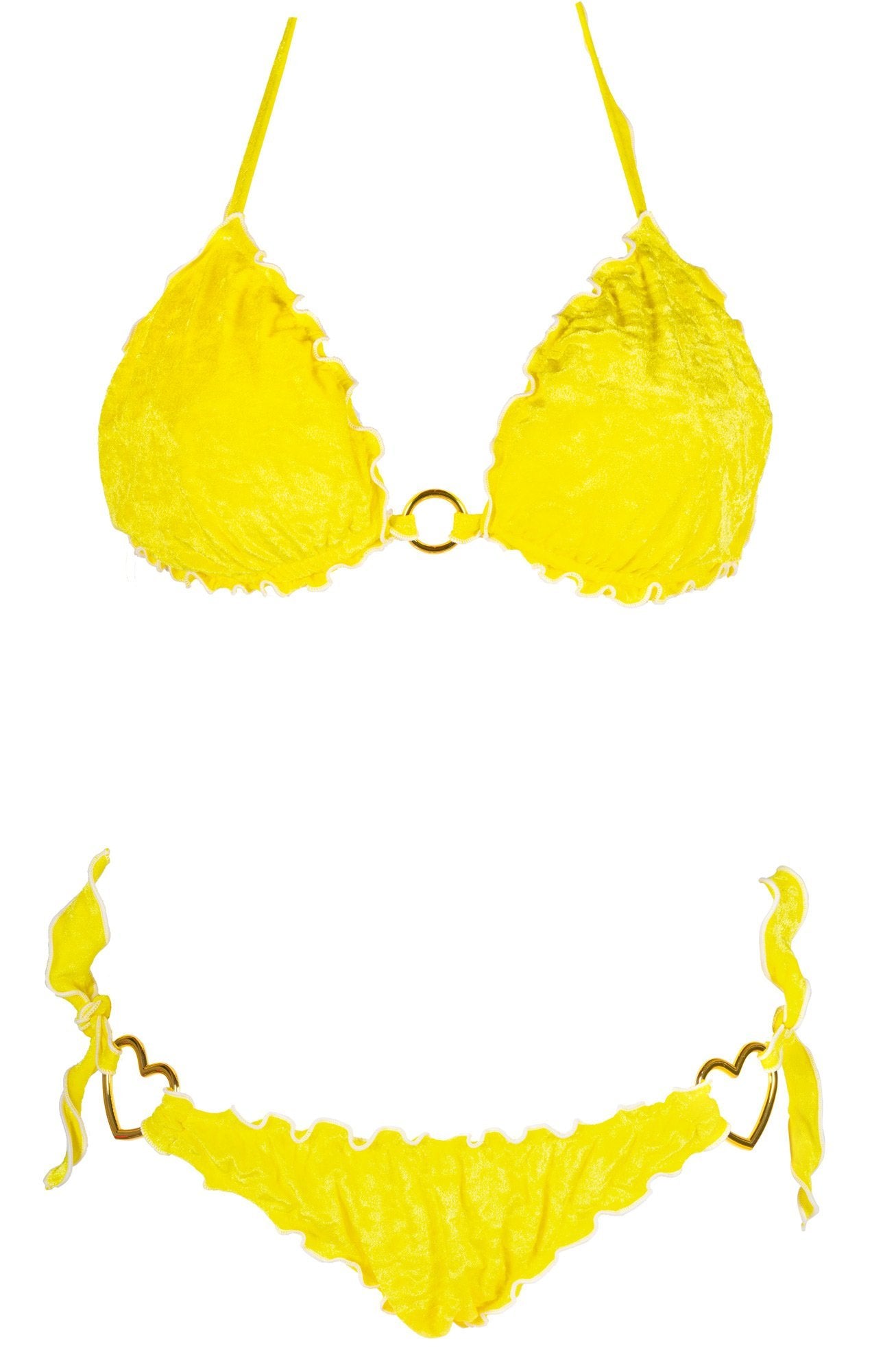 Bikini Penelope triangolo in velluto giallo sgargiante con anello dorato centrale