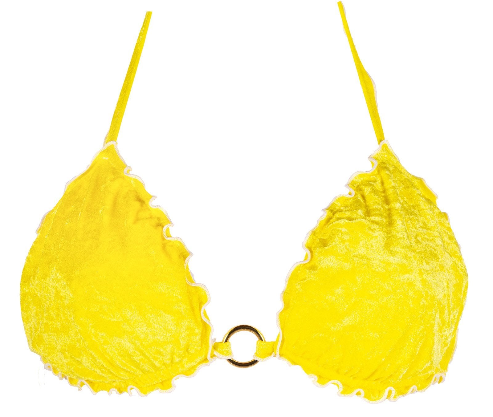 Top triangolo Penelope in velluto giallo sgargiante con anello dorato centrale e bordi frou frou bianchi